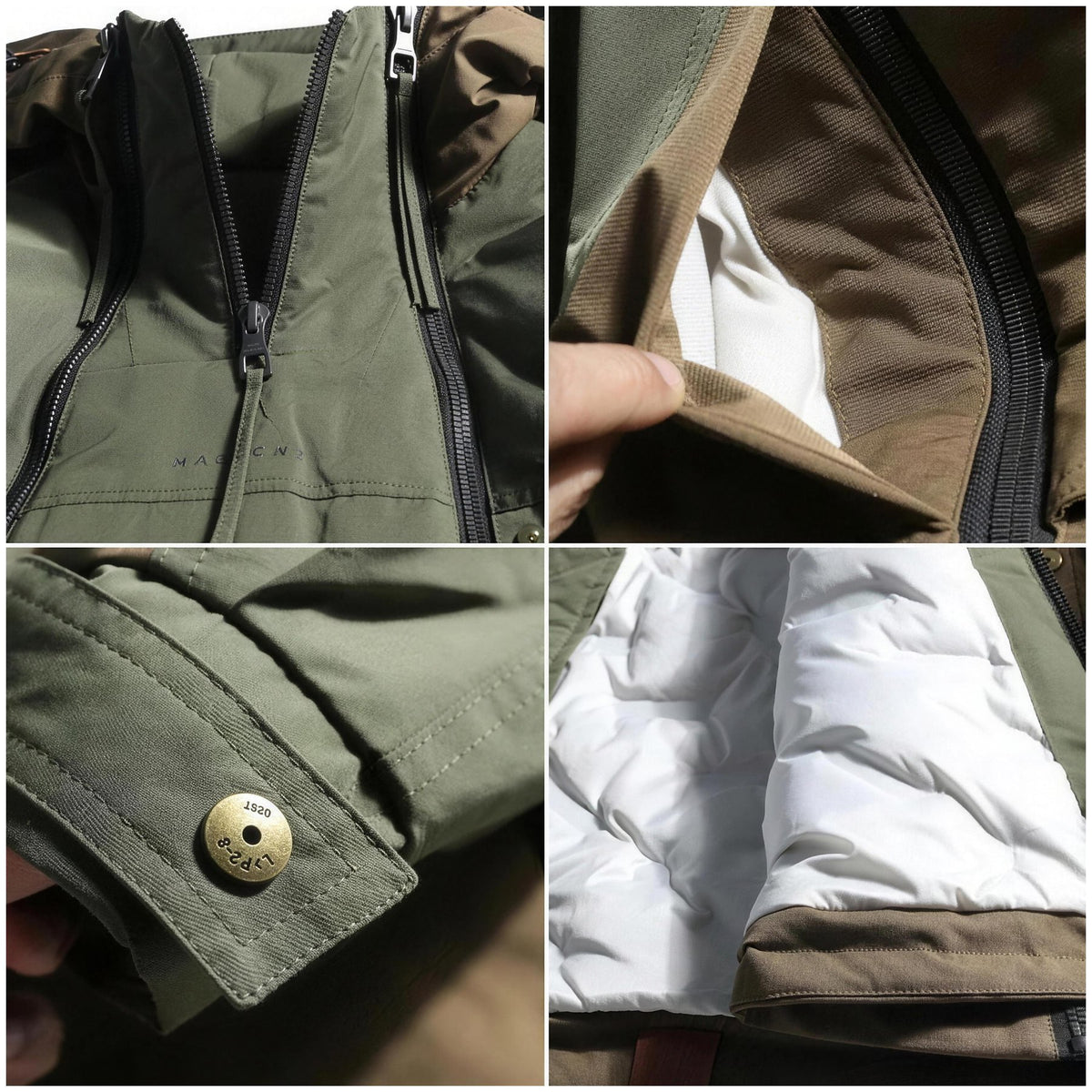 Four detail shots: zip, cuff, lining and pocket