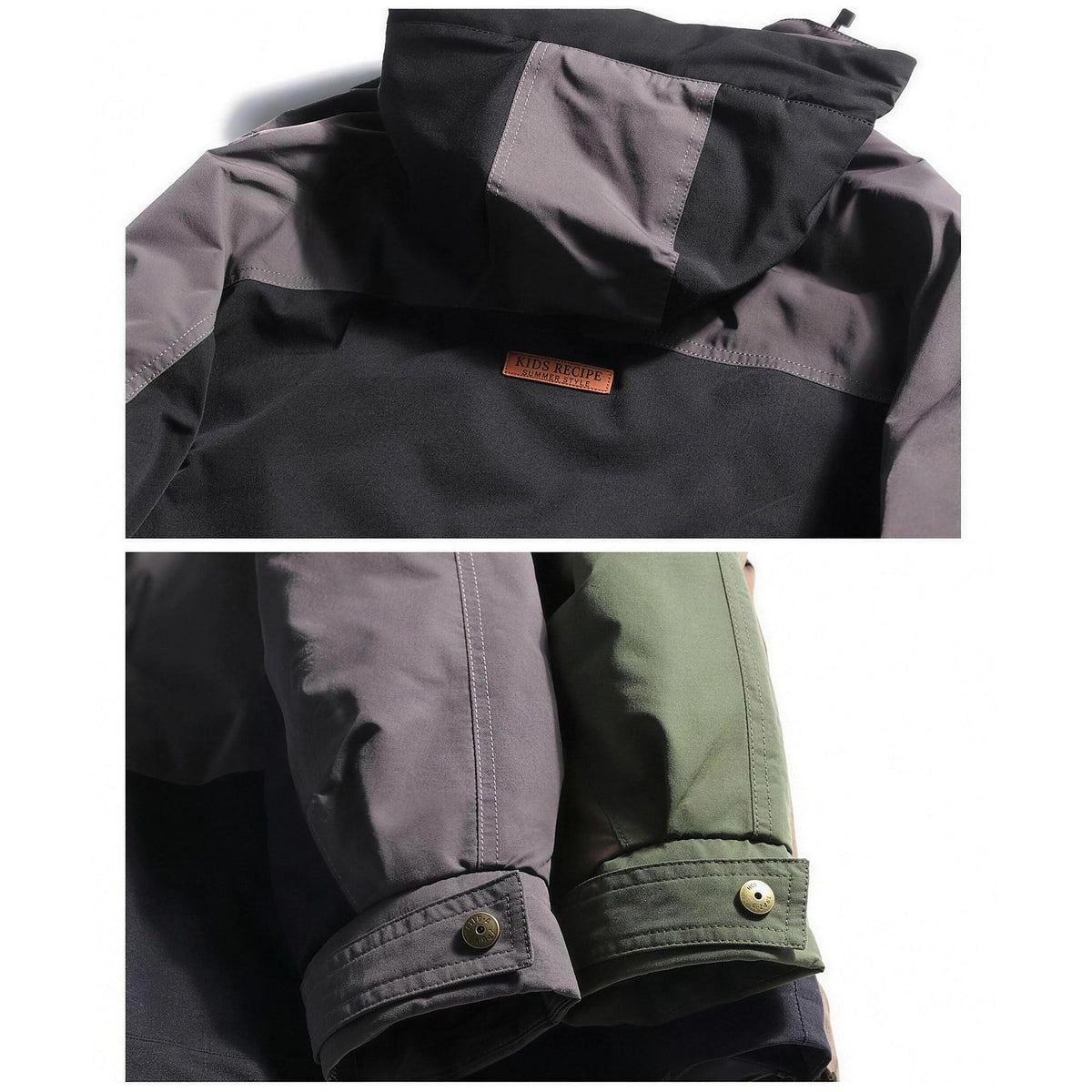 Back panel and sleeve detail, gray and green